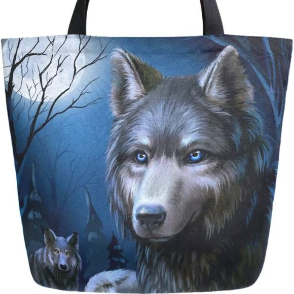 Full Moon Night Wolf Print Extra Large Canvas Shoulder Tote Top Storage Handle B - Picture 2 of 6